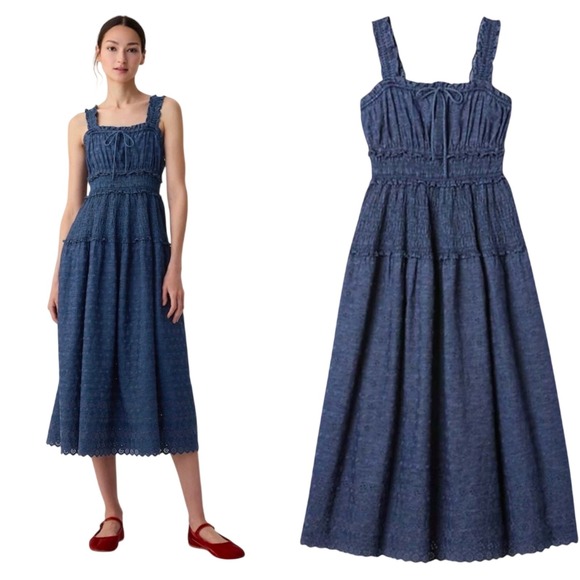 GAP DOEN Eyelet Tiered Midi Dress Chambray Blue Cotton Embroidered Boho Summer M - Picture 2 of 12